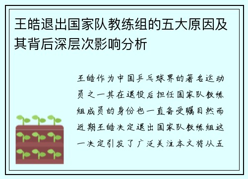 王皓退出国家队教练组的五大原因及其背后深层次影响分析